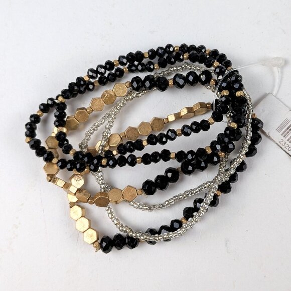 Jewelry - Set of 6 Black/Gold/Silver Beaded Stretch Bracelets